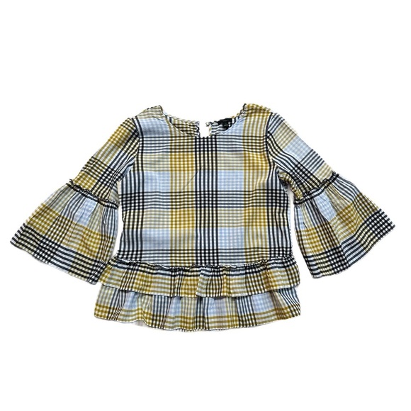 ANN TAYLOR ~ Plaid Bell Sleeve Ruffle Bottom Top in Yellow and Blue size S - Picture 4 of 7